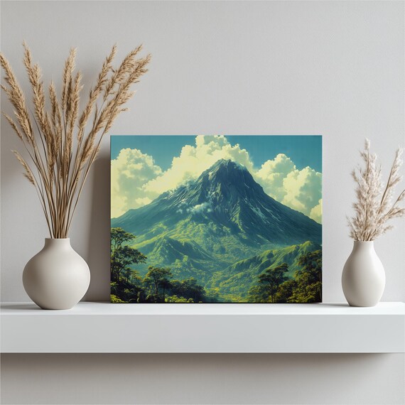 Majestic Lush Green Volcano Peak Mountain Landscape Cloud Poster