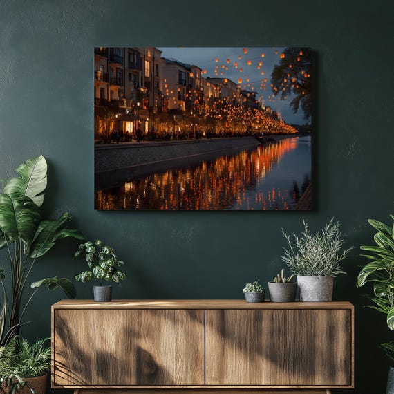 Sky Lantern Cityscape Canvas Wall Art Night Decor Floating Lanterns Over Canal Townhouses Riverfront Reflections Urban Skyline Print