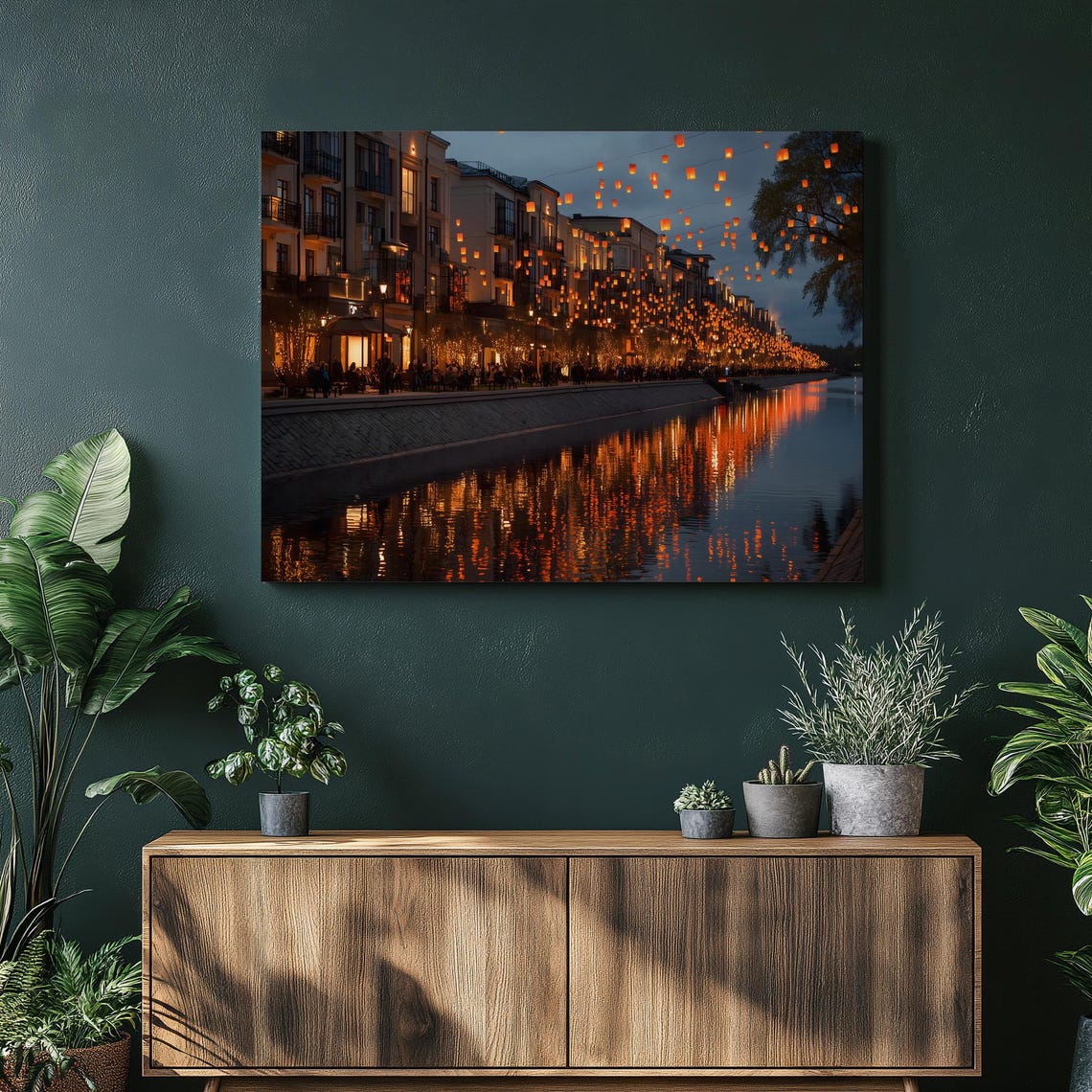 Sky Lantern Cityscape Canvas Wall Art Night Decor Floating Lanterns Over Canal Townhouses Riverfront Reflections Urban Skyline Print