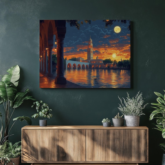 Moody Mosque Of Cordoba Large Arabian Canvas Wall Art Print Islamic Arch Painting Decor Lanterns Water Reflection Gift To Lovers
