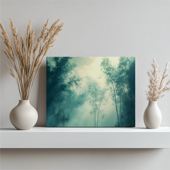 Bamboo Forest Canvas Wall Art Misty Zen Nature Landscape Print With Light Rays Through Leaves Calming Botanical Decor