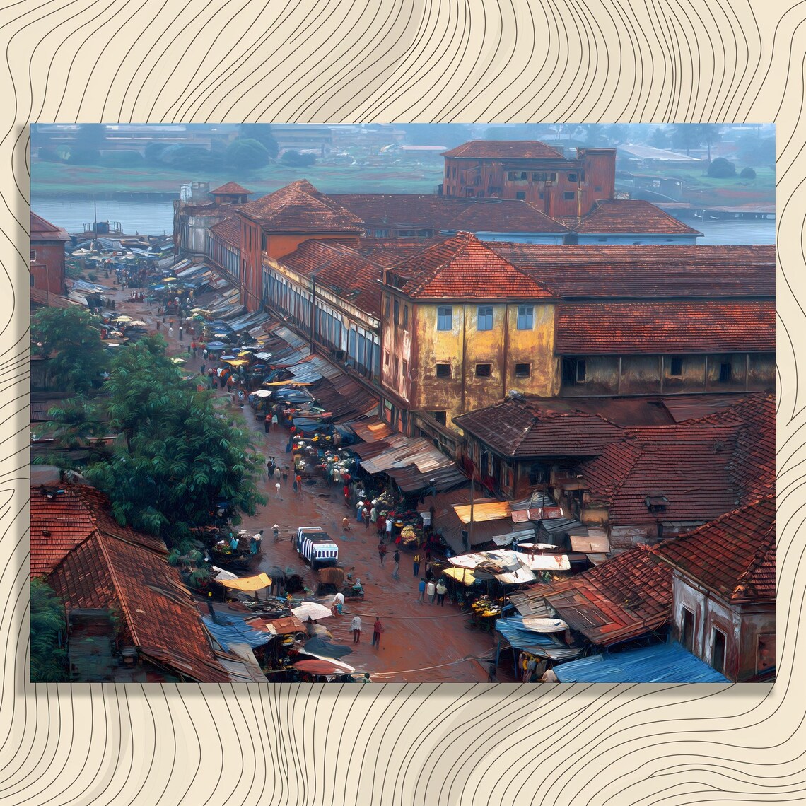 Urban Street Market Canvas Wall Art European Riverfront Cityscape Print Red Tile Roofs Cobblestone Path Rustic Decor Travel Lovers Gift