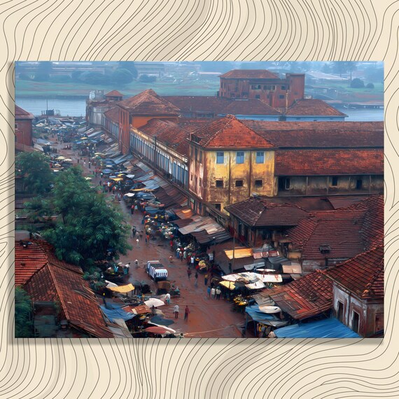 Urban Street Market Canvas Wall Art European Riverfront Cityscape Print Red Tile Roofs Cobblestone Path Rustic Decor Travel Lovers Gift