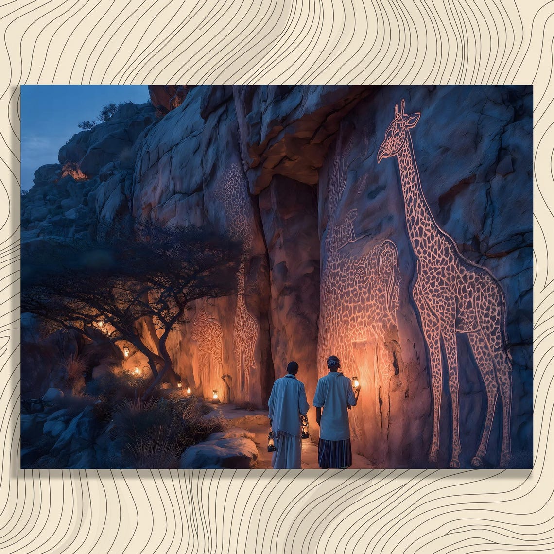 Giraffe Cave Painting Canvas Wall Art Dark Wildlife Print Desert Landscape Night Sky Acacia Tree Rock African Decor