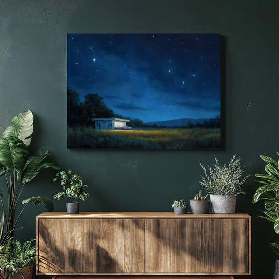 Night Sky Canvas Wall Art Moody Rural Landscape Starlit Field Car Under Stars Dark Blue Print Nature Decor Large Giclee Gift