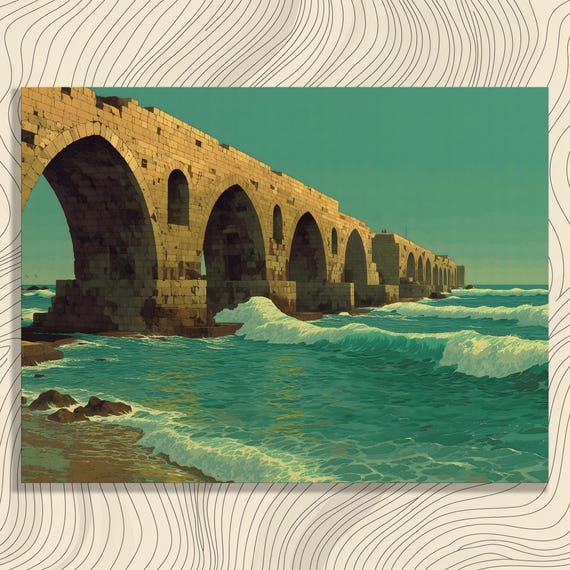 Ancient Aqueduct Canvas Wall Art Vintage Coastal Landscape Painting With Sea Waves Ocean Print Architecture Historical Sites