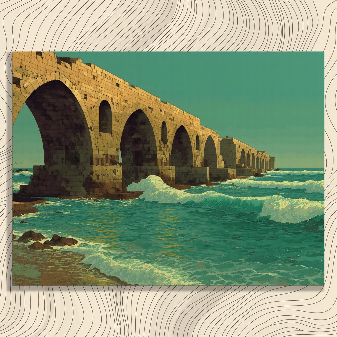 Ancient Stone Aqueduct Over Turquoise Sea Waves Vintage Coastal Poster