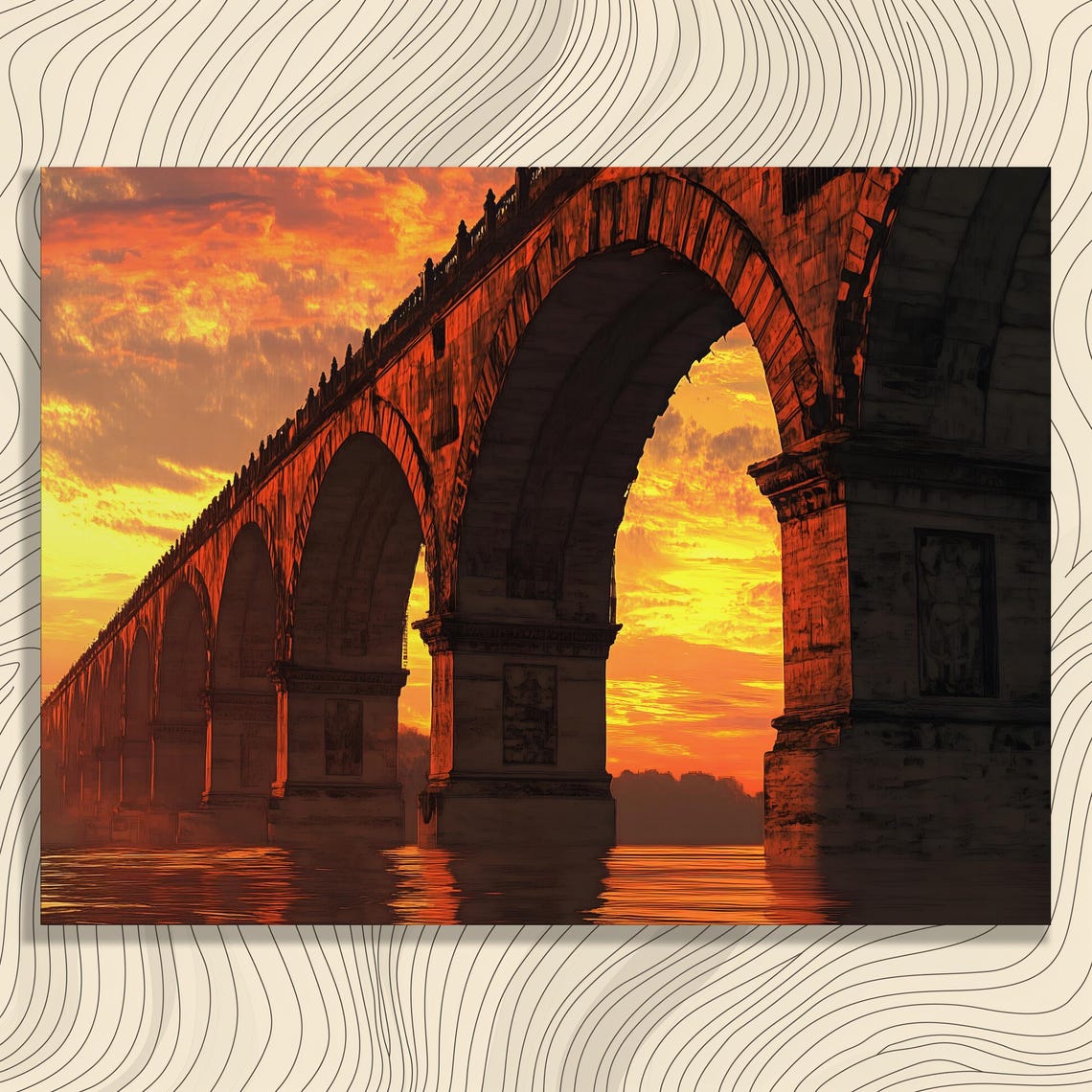 Ancient Stone Arch Bridge At Sunset Golden River Landscape Poster