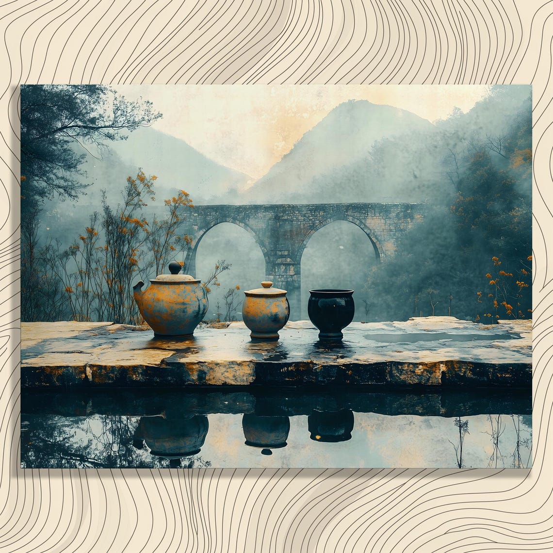 Antique Teapots Stone Bridge Misty Mountain Reflection Wall Art