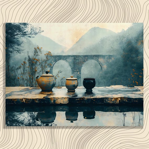 Vintage Serene Landscape Canvas Wall Art Stone Arch Bridge Watercolor Painting Print Terracotta Pots Lovers And Nature Enthusiasts
