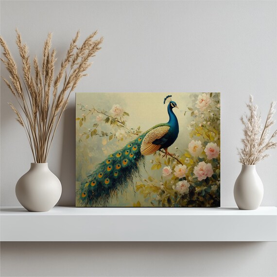 Vibrant Peacock Canvas Wall Art Painting Colorful Floral Nature Print Decor For Living Room Botanical Bird Gift Lovers