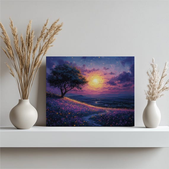 Twilight Meadow Canvas Wall Art Glowing Dusk Sunset Landscape Print Colorful Nature Scene Decor For Living Room Home Accent Unique Gift