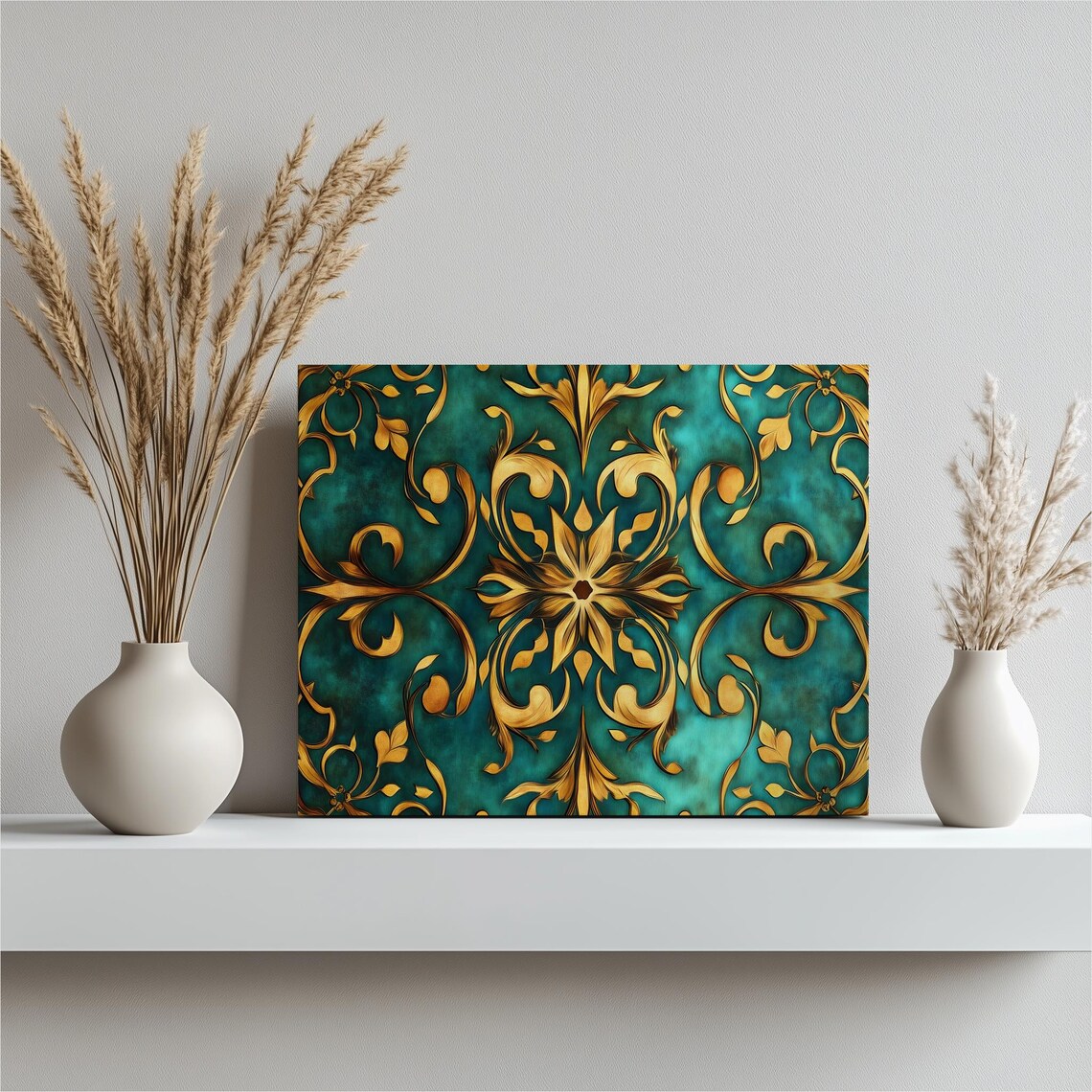 Arabesque Floral Pattern Teal Gold Ornate Damask Design Poster Art