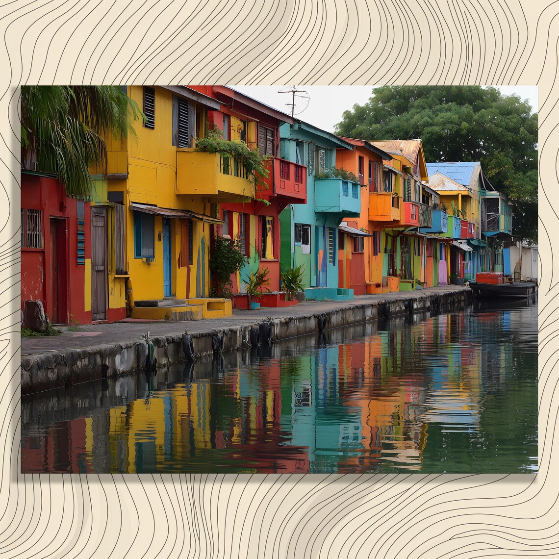 Colorful Canal Houses Waterfront Reflections Vibrant Wall Art
