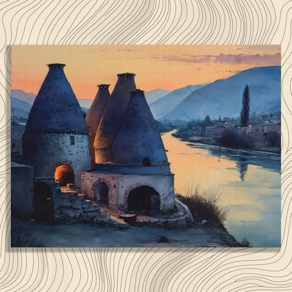 Sunset River Kilns Canvas Wall Art Traditional Rustic Landscape Print Mountain Painting With Reflection Rural Village Decor Gift