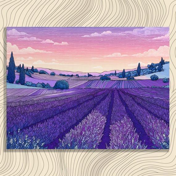 Lavender Fields Sunset Canvas Wall Art Purple Countryside Landscape Print With Gentle Hills And Tall Cypress Botanical Decor