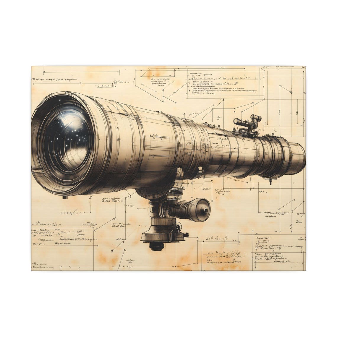 Vintage Telescope Technical Diagram Schematic Astronomy Science Wall Art