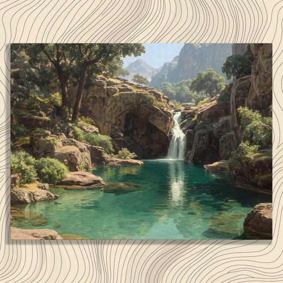 Waterfall Landscape Canvas Wall Art Turquoise Pool Rocky Cliffs Nature Decor Print Mountain Scenery Natural Forest Greenery