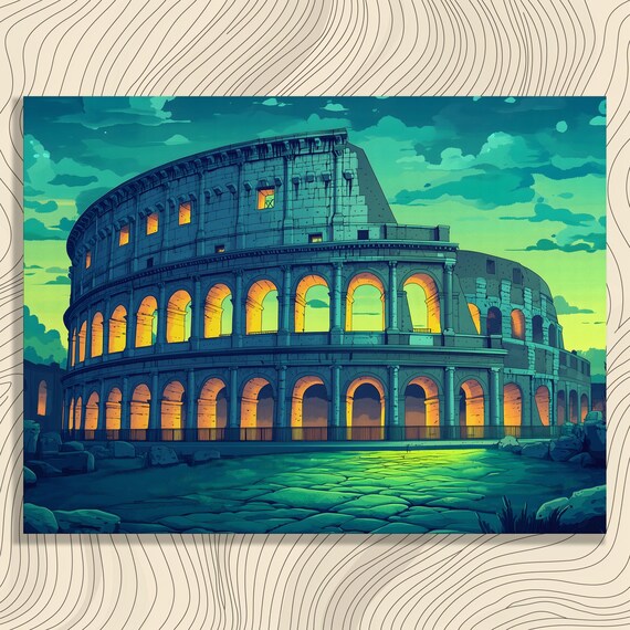 Colosseum Rome Night Teal Vintage Travel Landmark Illustration Art Poster