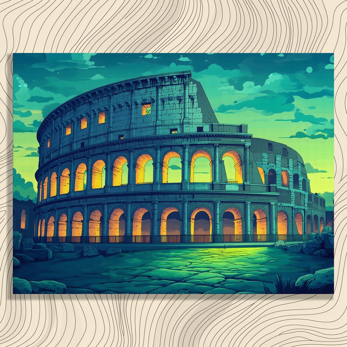 Colosseum Rome Night Teal Vintage Travel Landmark Illustration Art Poster