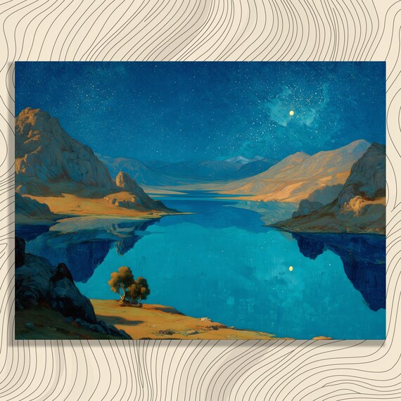 Starry Lake Canvas Wall Art Dreamy Mountain Nightscape Landscape Painting Blue Decor Print Celestial Moonlight Sky Poster