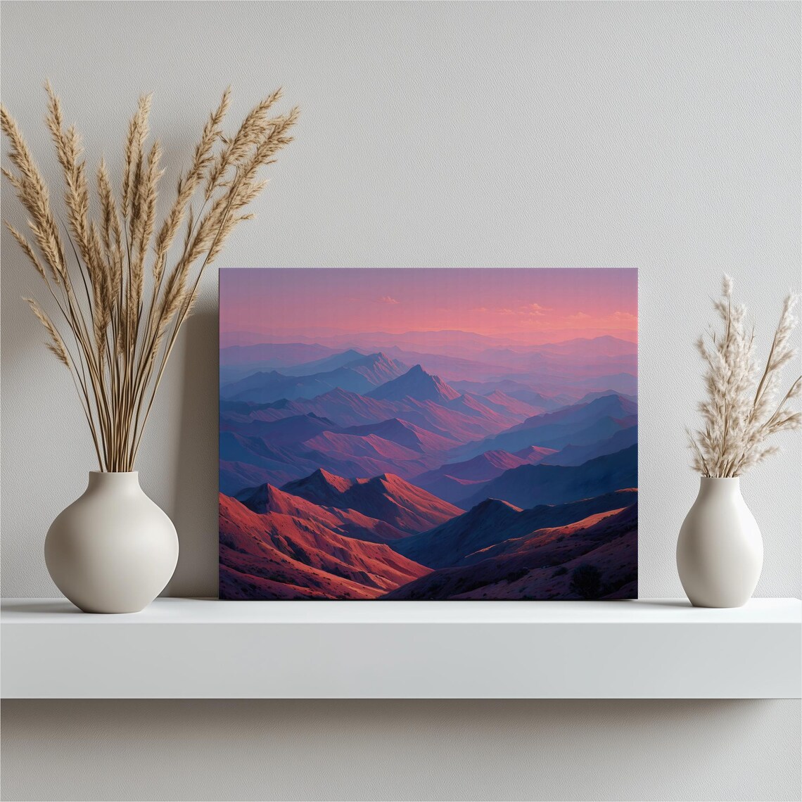 Dreamy Pink and Purple Sunset Over Layered Mountain Ridges Poster