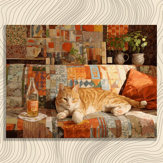 Ginger Tabby Cat Lounging On Patchwork Couch Wall Art Boho Mosaic Style