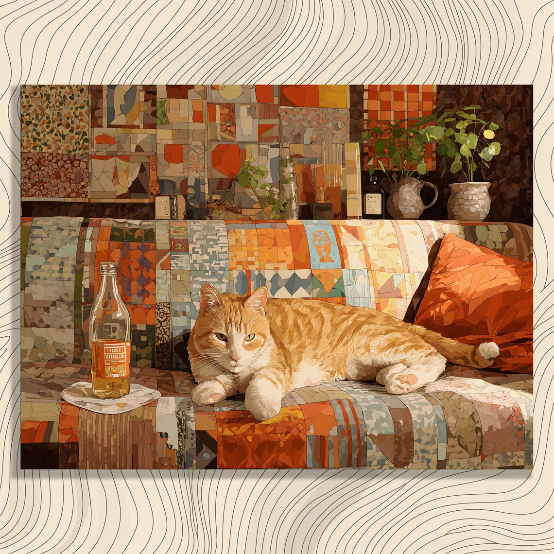 Ginger Tabby Cat Lounging On Patchwork Couch Wall Art Boho Mosaic Style
