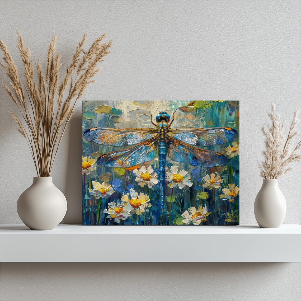 Blue Dragonfly Over White Daisies Painterly Garden Art Poster