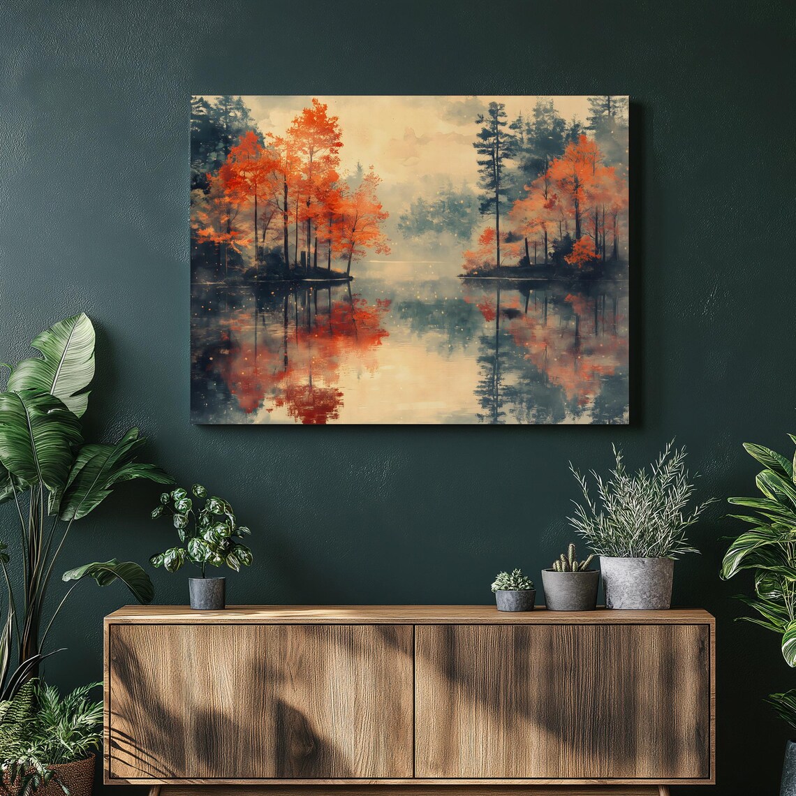 Misty Autumn Forest Lake Reflection Red Orange Trees Landscape Poster