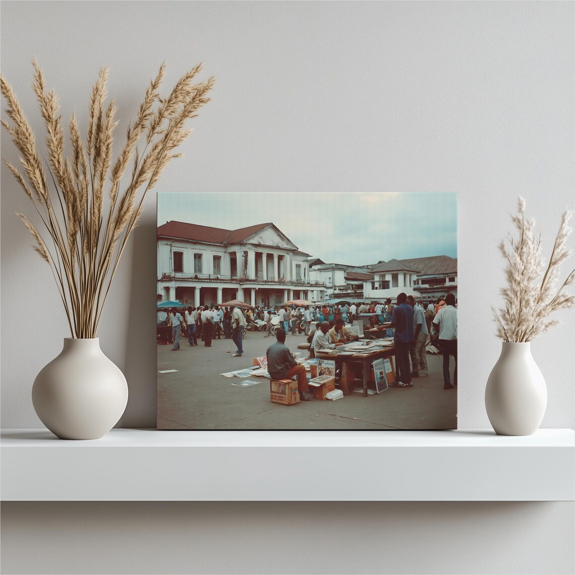 Urban Street Market Canvas Wall Art Contemporary City Square Crowd Scene Travel Photography Print Featuring Colonial Building Cityscape