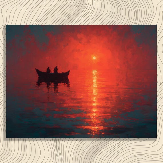 Sunset Boat Seascape Canvas Wall Art Glowing Sun Reflection Over Calm Ocean With Silhouetted Fishing Scene For Coastal Decor
