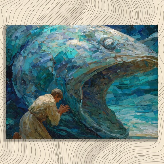 Jonah and the Whale Blue Mosaic Ocean Biblical Scene Art Poster
