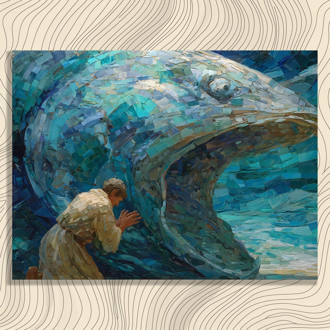 Jonah and the Whale Blue Mosaic Ocean Biblical Scene Art Poster