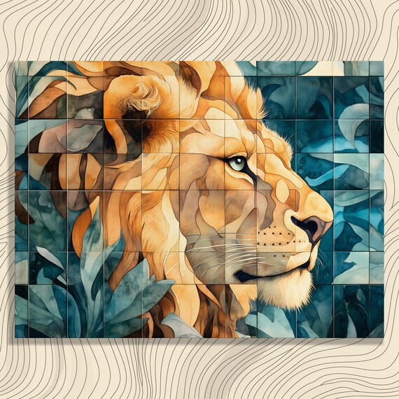 Majestic Lion Profile Canvas Wall Art Mosaic Jungle Leaves Teal Gold Geometric Animal Portrait Modern Wildlife Decor Large Statement