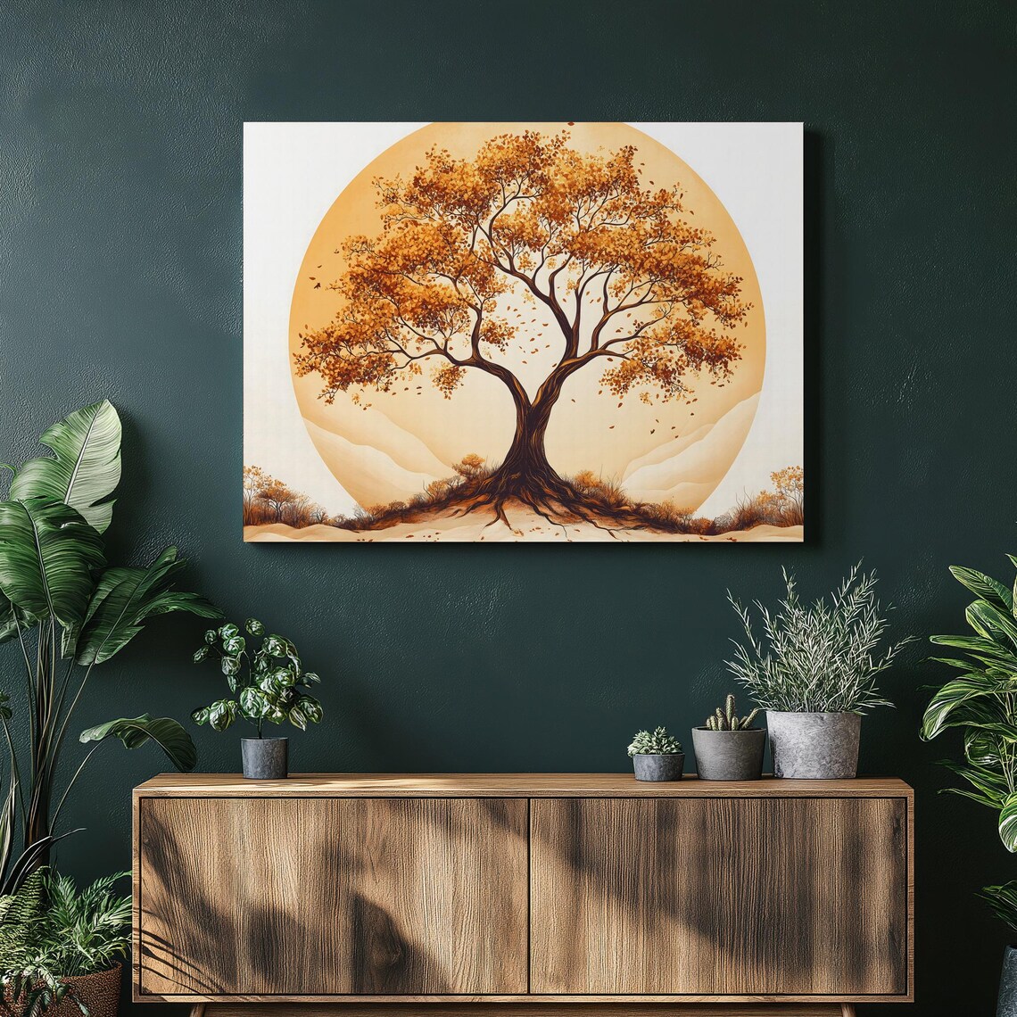 Golden Tree Of Life Autumn Sun Circle Landscape Painting Poster