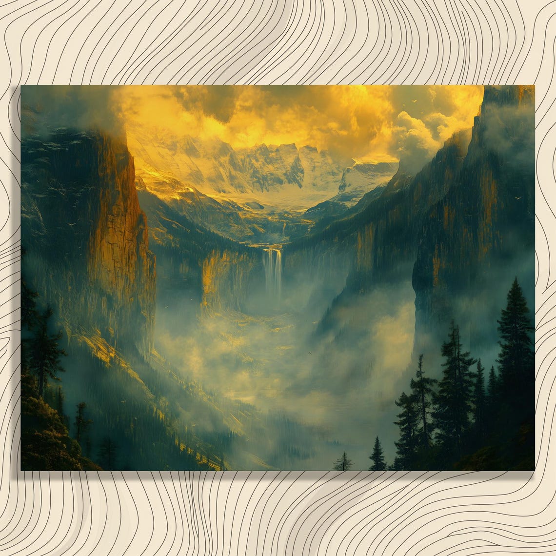 Misty Golden Waterfall Canyon Mountain Valley Dramatic Poster