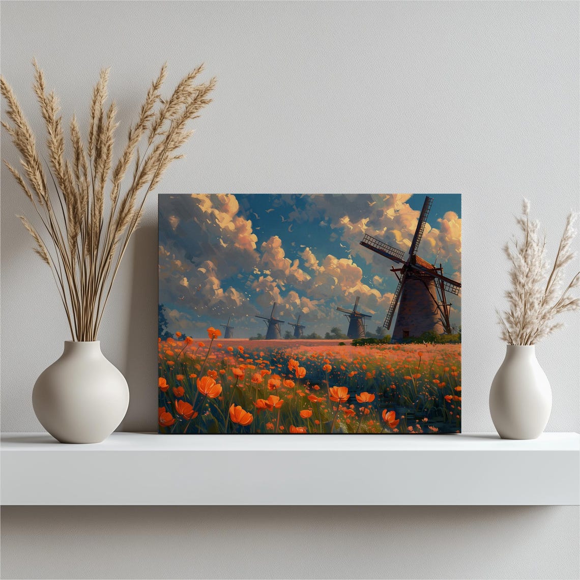 Dutch Windmills Red Tulip Field Sunset Clouds Holland Poster