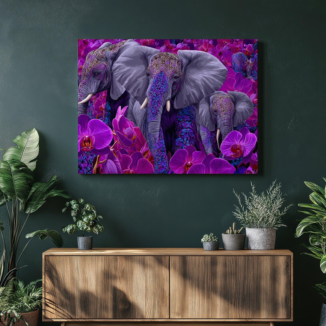 Elephant Family Purple Orchid Floral Wildlife Safari Boho Art Poster