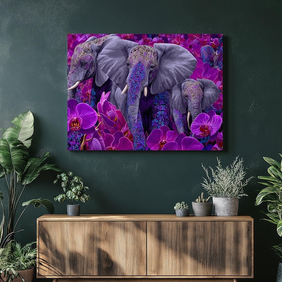 Captivating Elephant Canvas Wall Art Vibrant Purple And Orchid Floral Family Wildlife Decor Print Boho Safari Gift