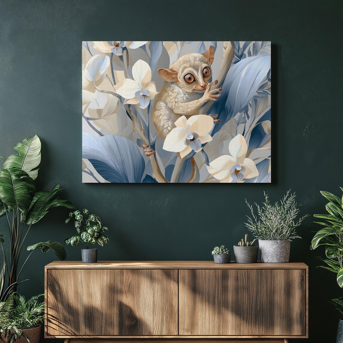 Small Tarsier Clinging To Branch White Orchids Blue Jungle Poster