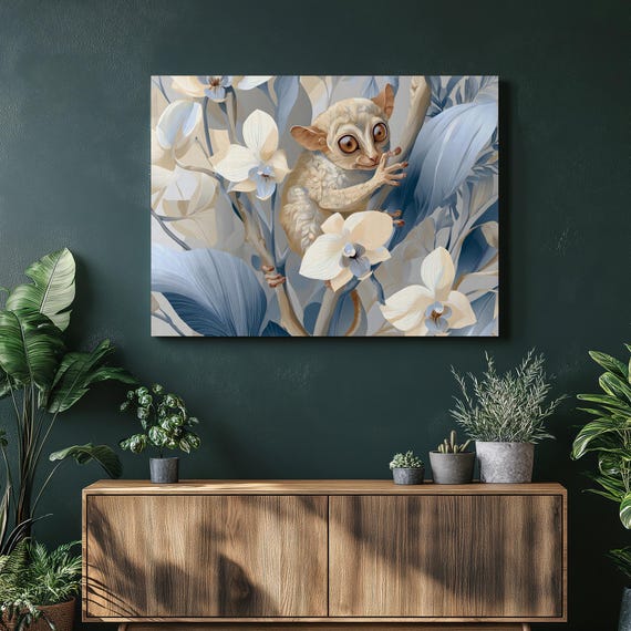 Tarsier Orchid Jungle Canvas Wall Art Tropical Plant Wildlife Print Botanical Decor Blue Blooms Rainforest Modern Animal