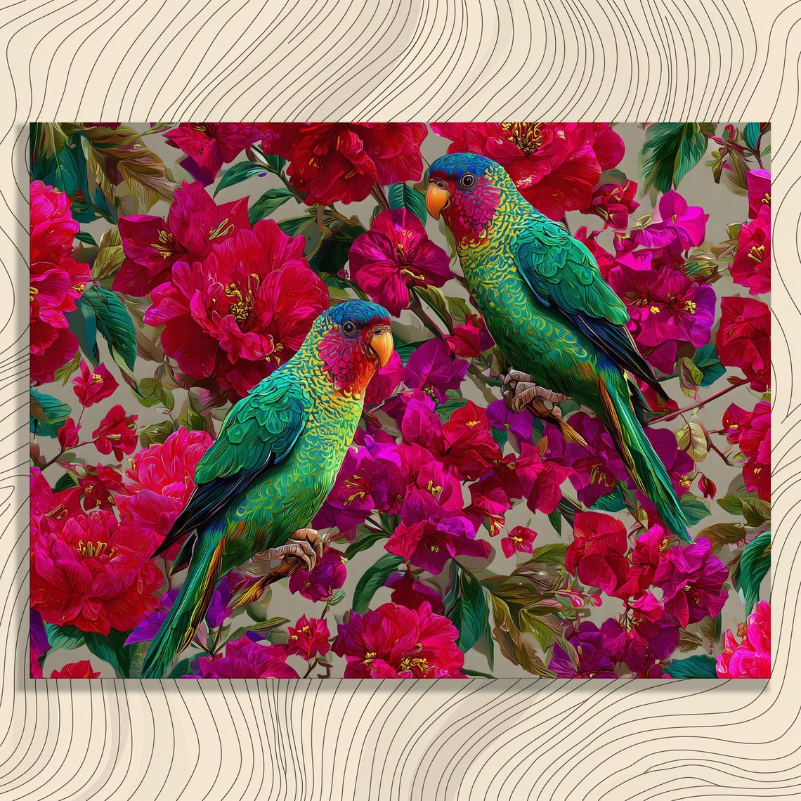 Two Rainbow Lorikeets Among Bright Tropical Flowers Bird Print