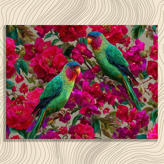 Tropical Canvas Wall Art Parrots Botanical Print Featuring Exotic Birds Among Pink Blooms And Lush Foliage Painting Decor