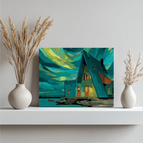 Northern Lights Cabin Canvas Wall Art Aurora Borealis Lake House Print Rustic Decor Colorful Painting Night Sky Scandinavian Gift