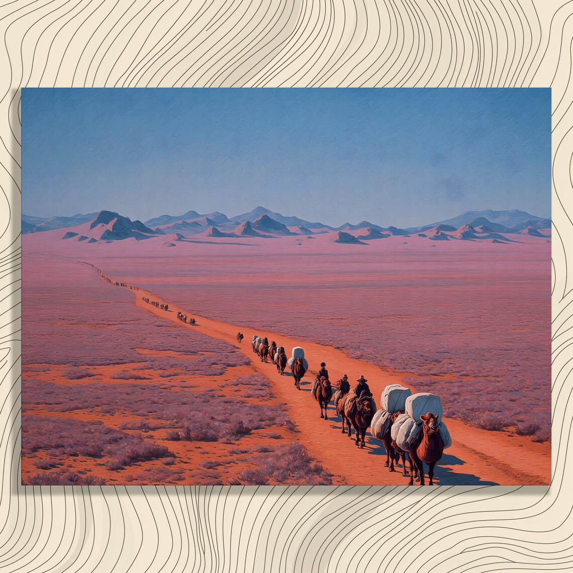 Desert Camel Caravan Pink Sand Endless Trail Vintage Painting Poster