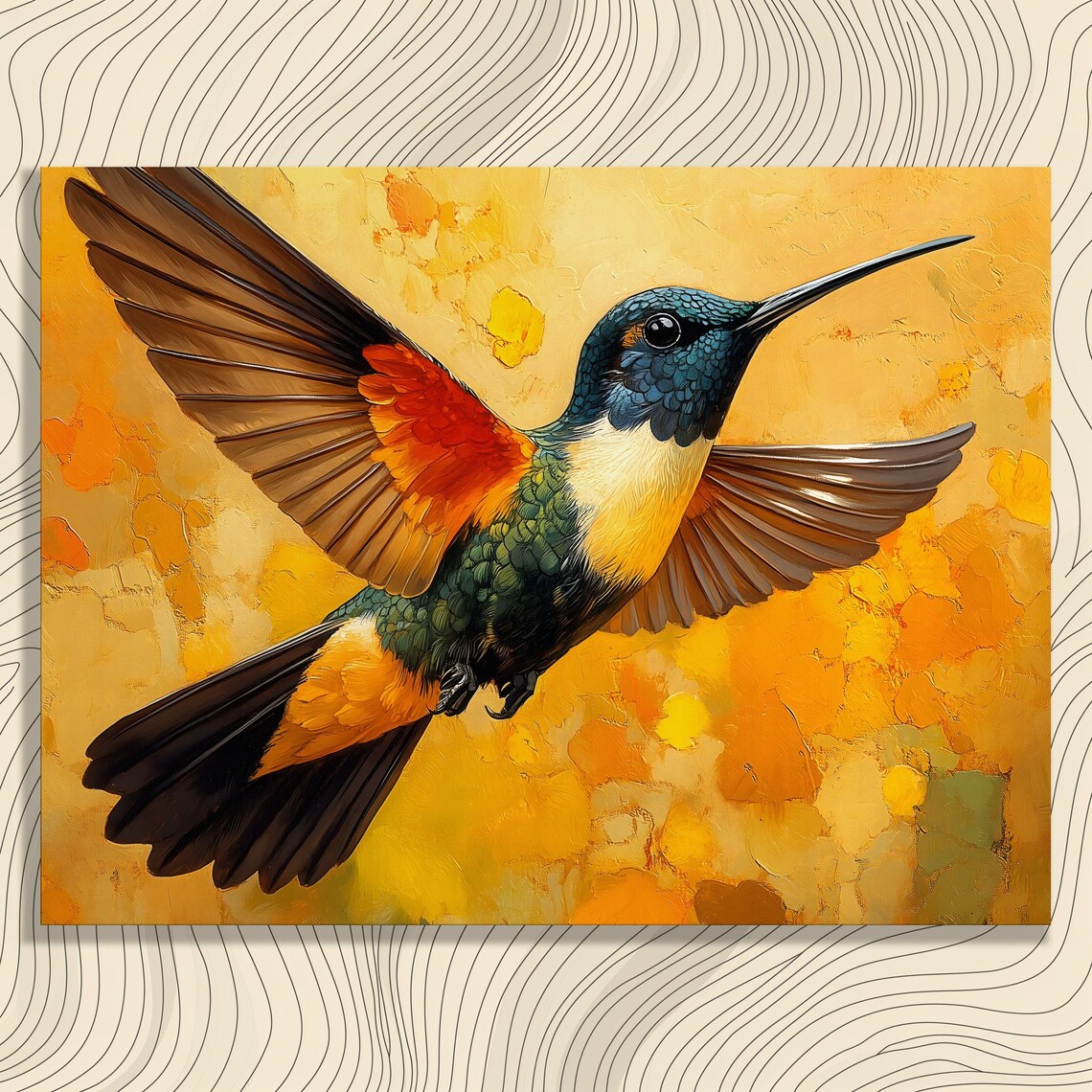 Hummingbird in Flight Oil Painting Golden Glow Wildlife Wall Art