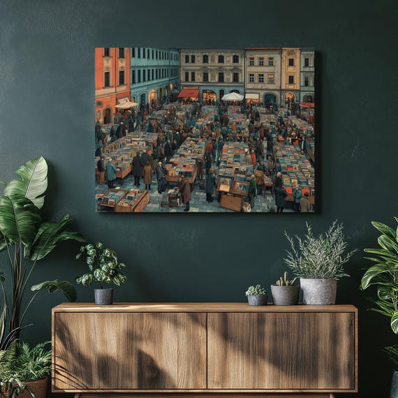 Prague Record Market Canvas Wall Art Vintage Vinyl European Poster Decor Collectors Gift Hanging Bohemian Eclectic Cityscape