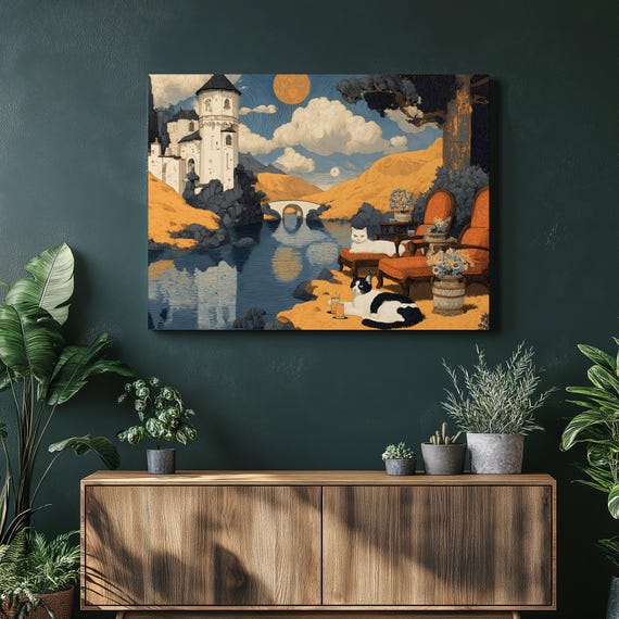 Castle Cats Canvas Wall Art Fantasy Landscape Illustration Print With Lazy Decor Gift For Cat Lovers Colorful Animal