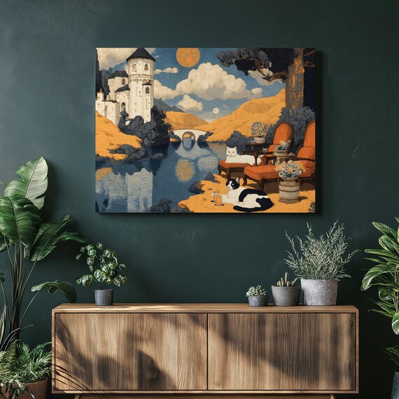 Cats by the Lake with a Castle Whimsical Fantasy Illustration Poster